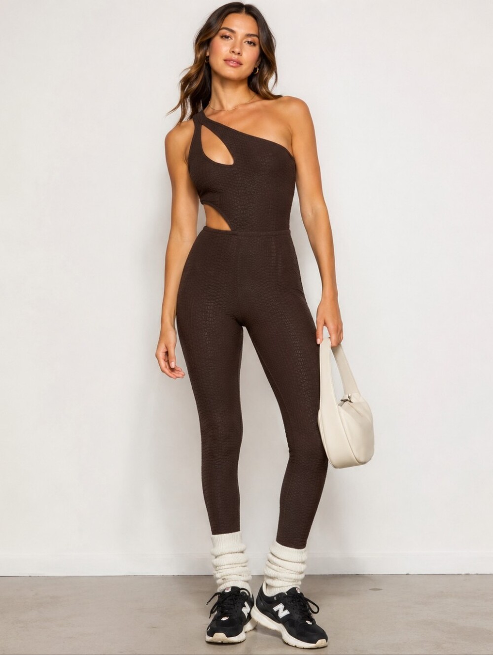 GIGI C Rory Jumpsuit Chocolate Brown One Shoulder Cutout Textured NWT S Revolve